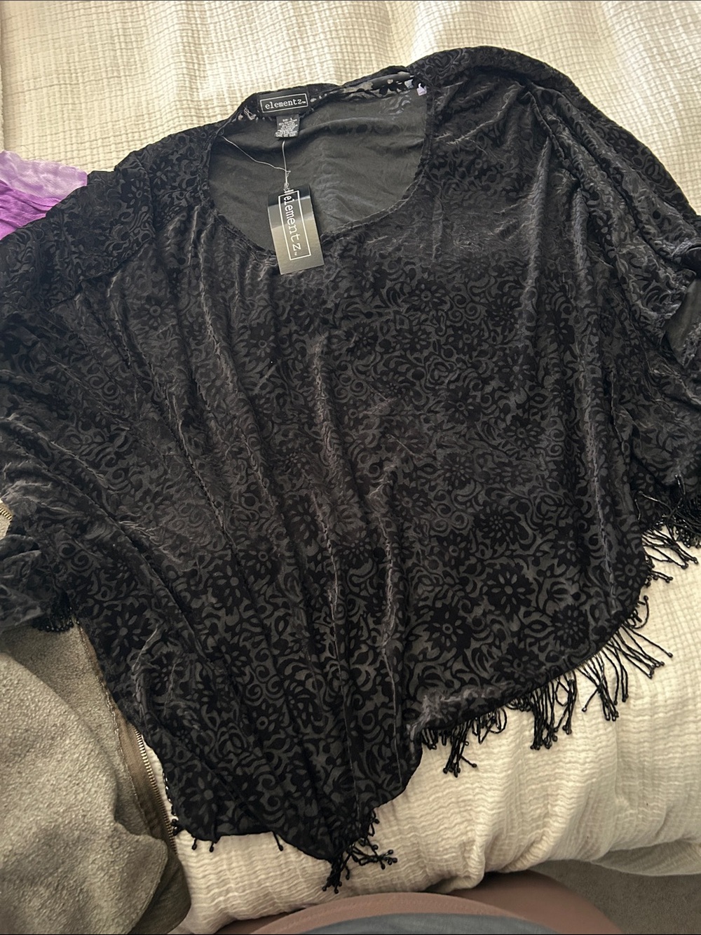 Elementz Black Velvet Burnout Floral Fringe Poncho